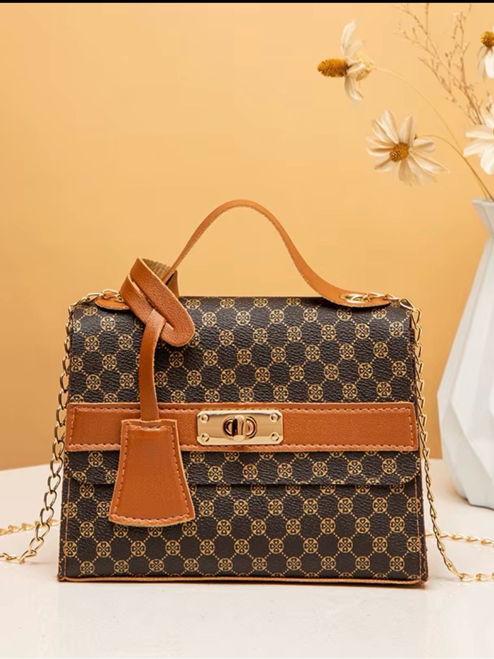 Women's Brown Top-Handle Patterned Satchel Bag